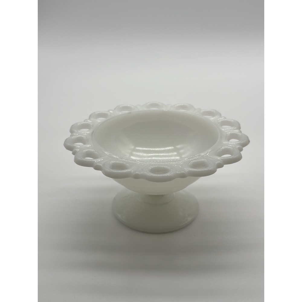 1930's Old Colony Anchor Hocking White Milk Glass Open Lace Pedestal‎ Dish Bowl
